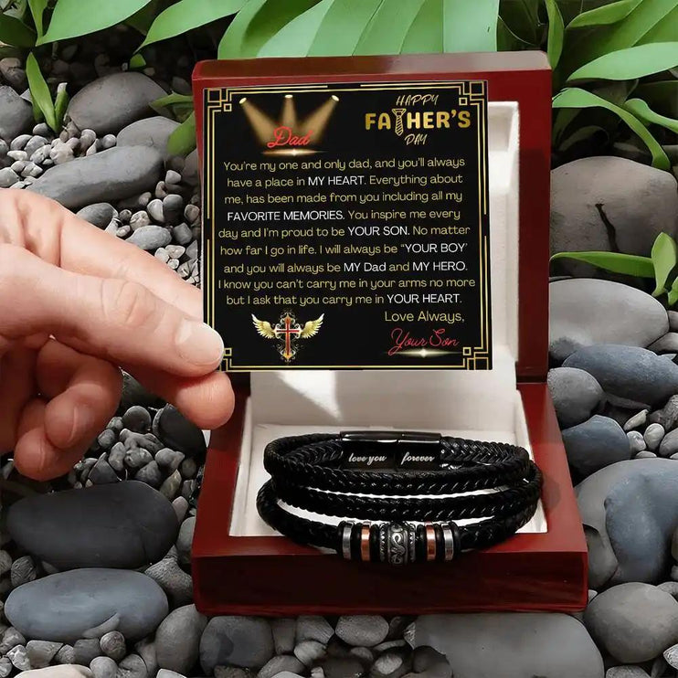 love you forever bracelet in mahogany box on rocks.