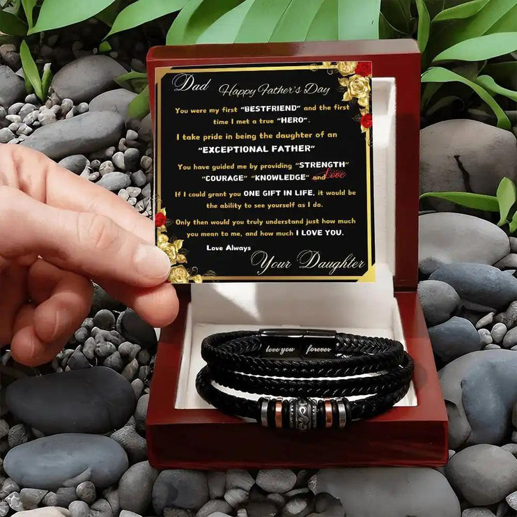 love you forever bracelet in mahogany box on rocks.