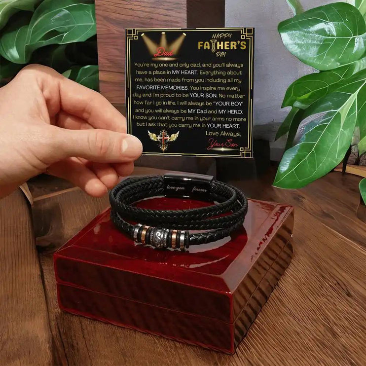 love you forever bracelet on closed mahogany box on kitchen table.