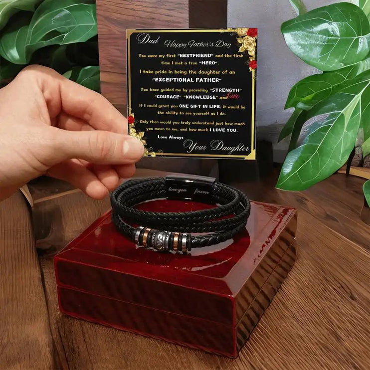 love you forever bracelet on top of closed mahogany box.