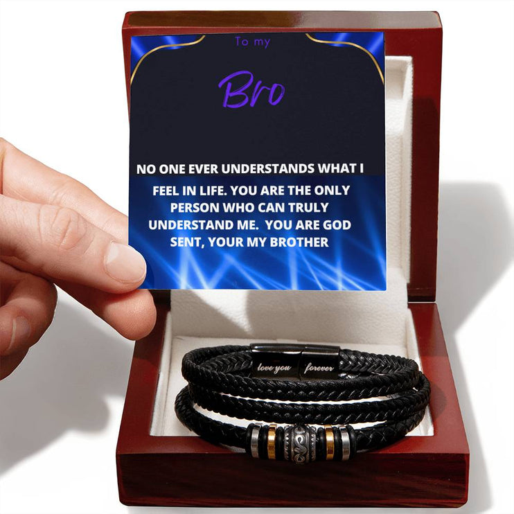 Men's Love You Forever Bracelet with vegan leather strap in a mahogany box angle 1