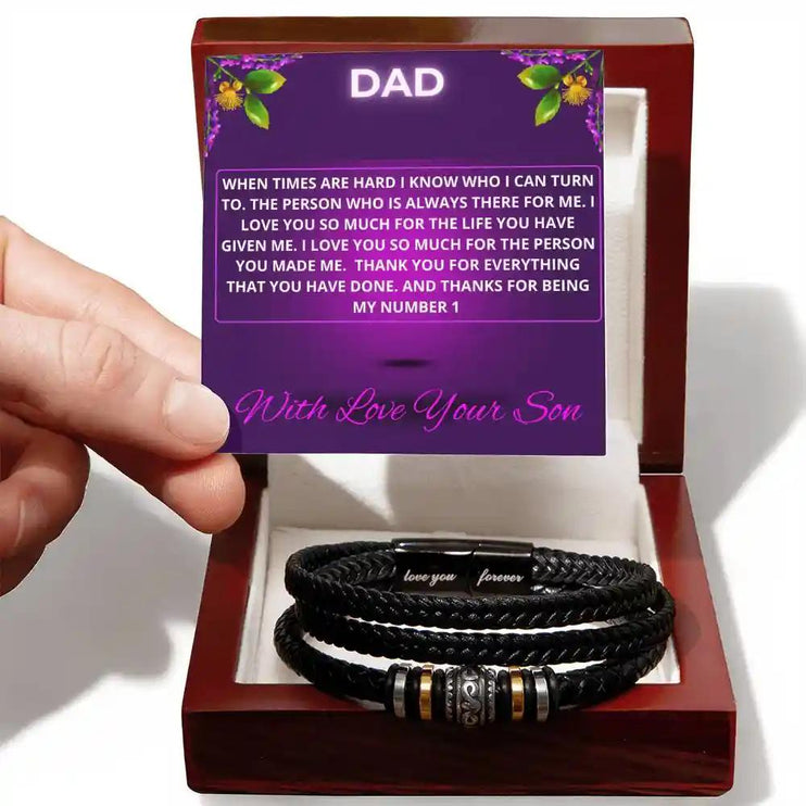 A men's love you forever bracelet in a mahogany box with a to dad greeting card