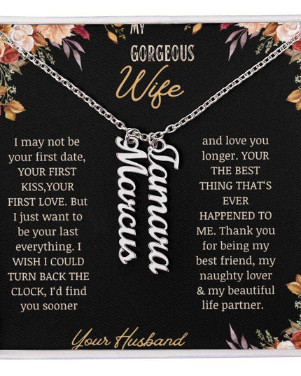 multi vertical name necklace for wife with 2 charms in standard box in polished silver
