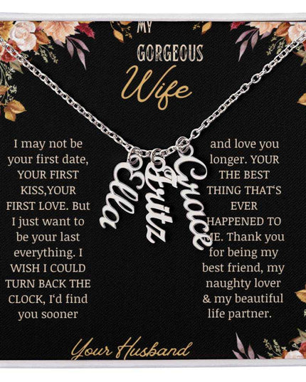 multi vertical name necklace for wife with 3 charms in standard box in polished silver