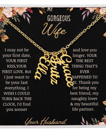 multi vertical name necklace for wife with 3 charms in standard box in yellow gold