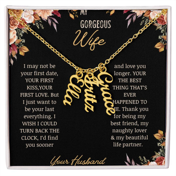 multi vertical name necklace for wife with 3 charms in standard box in yellow gold