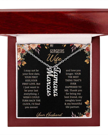 multi vertical name necklace for wife with 2 charms in mahogany box in polished silver