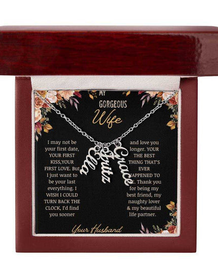 multi vertical name necklace for wife with 3 charms in mahogany box in polished silver
