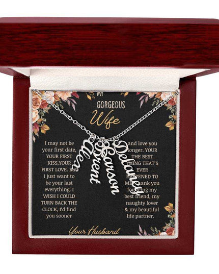 multi vertical name necklace for wife in mahogany box with 4 charms in polished steel
