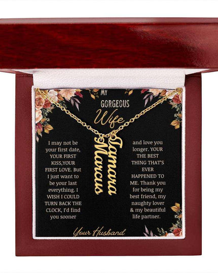 multi vertical name necklace for wife with 2 charms in mahogany box in yellow gold