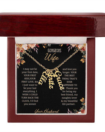 multi vertical name necklace for wife with 3 charms in mahogany box in yellow gold