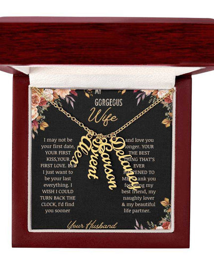 multi vertical name necklace for wife in mahogany box with 4 charms in yellow gold