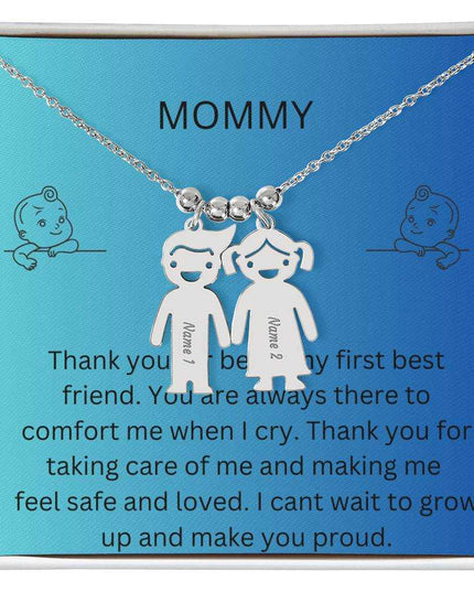 Kid Charm Necklace with Message Card from The Kids to Mom in Two Tone Box Polished Stainless 