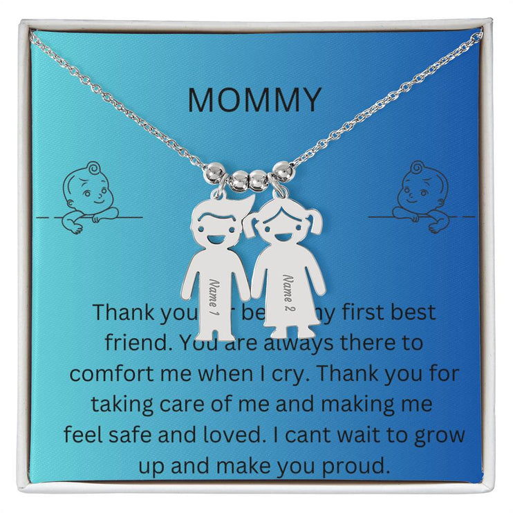 Kid Charm Necklace with Message Card from The Kids to Mom in Two Tone Box Polished Stainless 