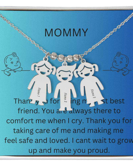 Kid Charm Necklace with Message Card from The Kids to Mom in Two Tone Box Polished Stainless 3 Charms