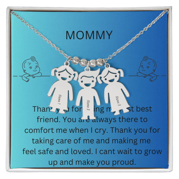 Kid Charm Necklace with Message Card from The Kids to Mom in Two Tone Box Polished Stainless 3 Charms