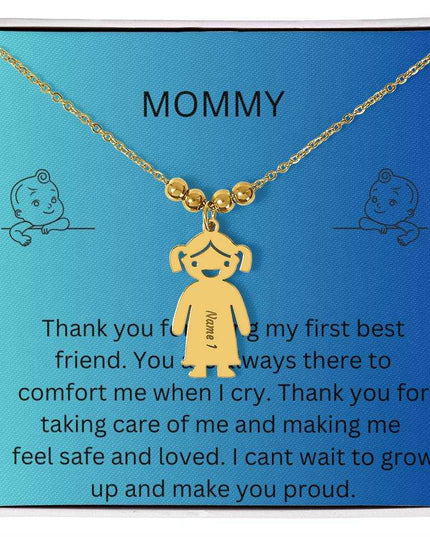 Kid Charm Necklace with Message Card from The Kids to Mom in Two Tone Box Yellow Gold
