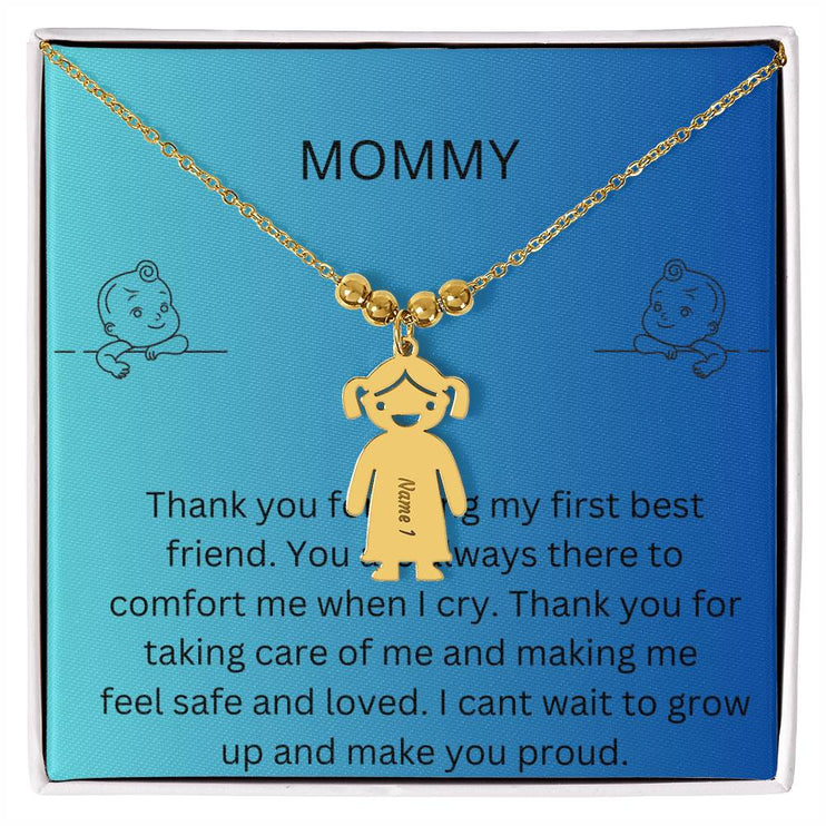 Kid Charm Necklace with Message Card from The Kids to Mom in Two Tone Box Yellow Gold
