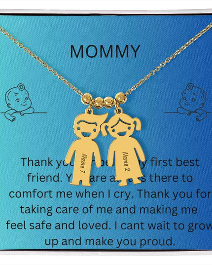 Kid Charm Necklace with Message Card from The Kids to Mom in Two Tone Box Polished Stainless  2 Charms