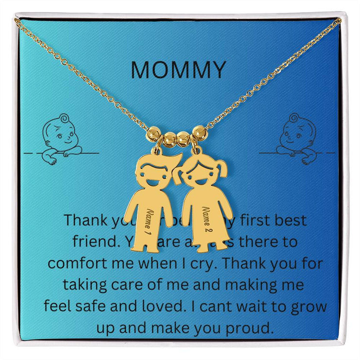 Kid Charm Necklace with Message Card from The Kids to Mom in Two Tone Box Polished Stainless  2 Charms