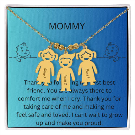 Kid Charm Necklace with Message Card from The Kids to Mom in Two Tone Box Yellow Gold  3 Charms