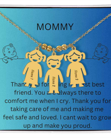 Kid Charm Necklace with Message Card from The Kids to Mom in Two Tone Box Yellow Gold  3 Charms