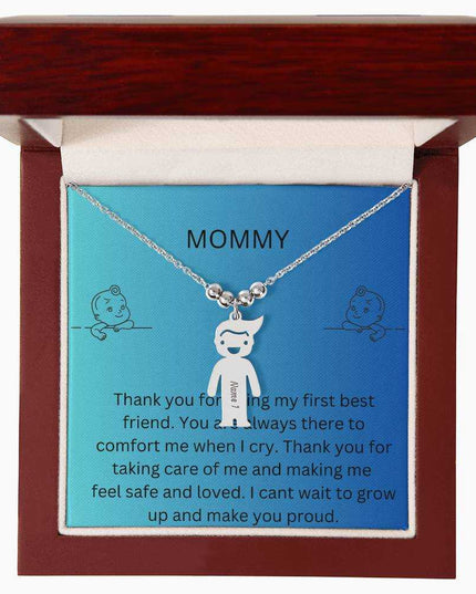 Kid Charm Necklace with Message Card from The Kids to Mom in Mahogany Box Polished Stainless 