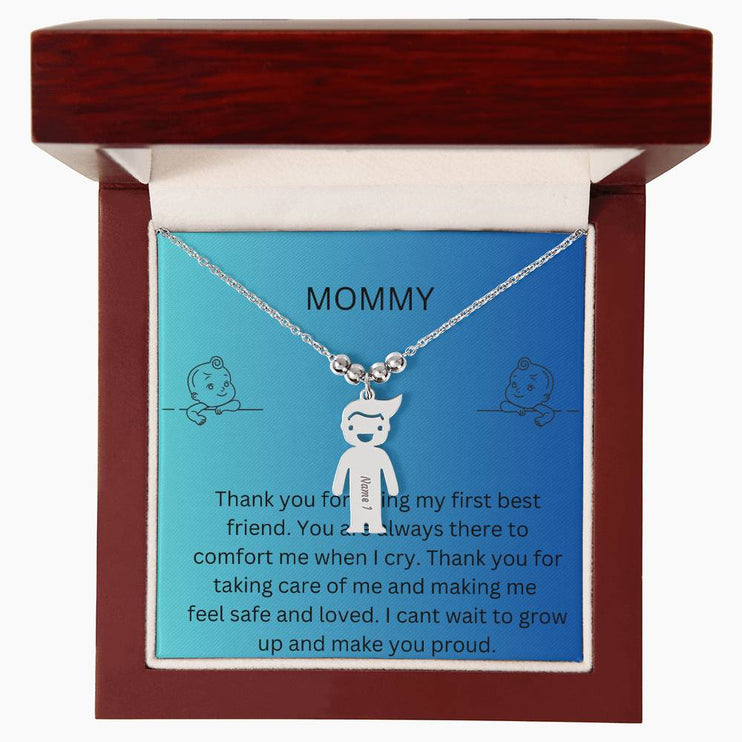 Kid Charm Necklace with Message Card from The Kids to Mom in Mahogany Box Polished Stainless 