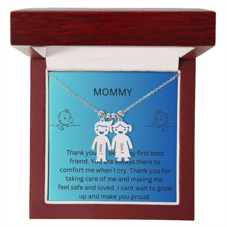 Kid Charm Necklace with Message Card from The Kids to Mom inMahogany Box Polished Stainless  2 Charms