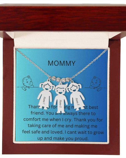 Kid Charm Necklace with Message Card from The Kids to Mom in Mahogany Box Polished Stainless  3 Charms