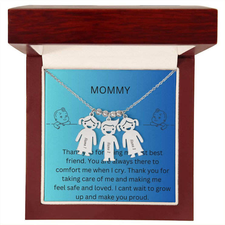 Kid Charm Necklace with Message Card from The Kids to Mom in Mahogany Box Polished Stainless  3 Charms