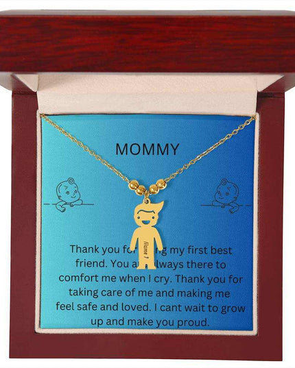 Kid Charm Necklace with Message Card from The Kids to Mom in Mahogany Box Yellow Gold
