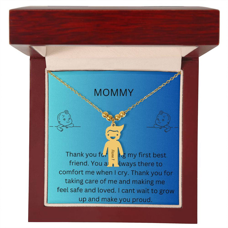 Kid Charm Necklace with Message Card from The Kids to Mom in Mahogany Box Yellow Gold