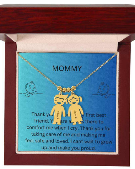Kid Charm Necklace with Message Card from The Kids to Mom in Mahogany Box Polished Stainless  2 Charms