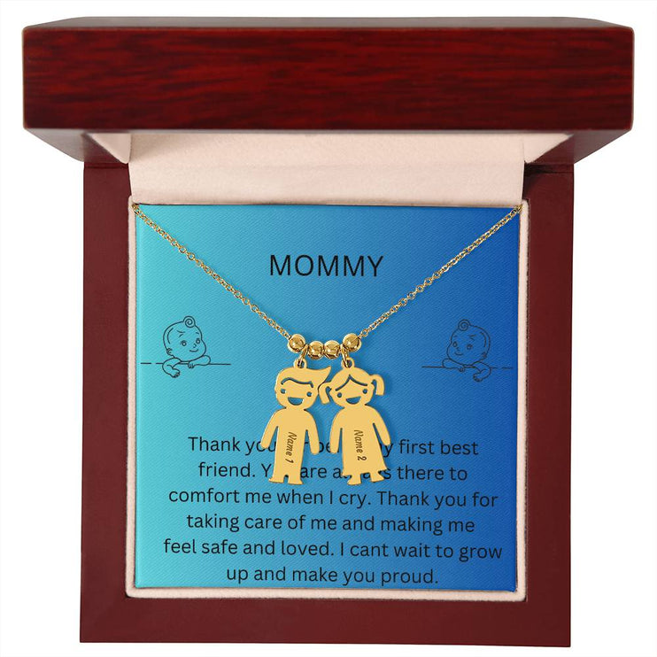 Kid Charm Necklace with Message Card from The Kids to Mom in Mahogany Box Polished Stainless  2 Charms
