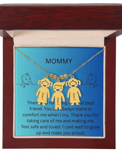 Kid Charm Necklace with Message Card from The Kids to Mom in Mahogany Box Yellow Gold 