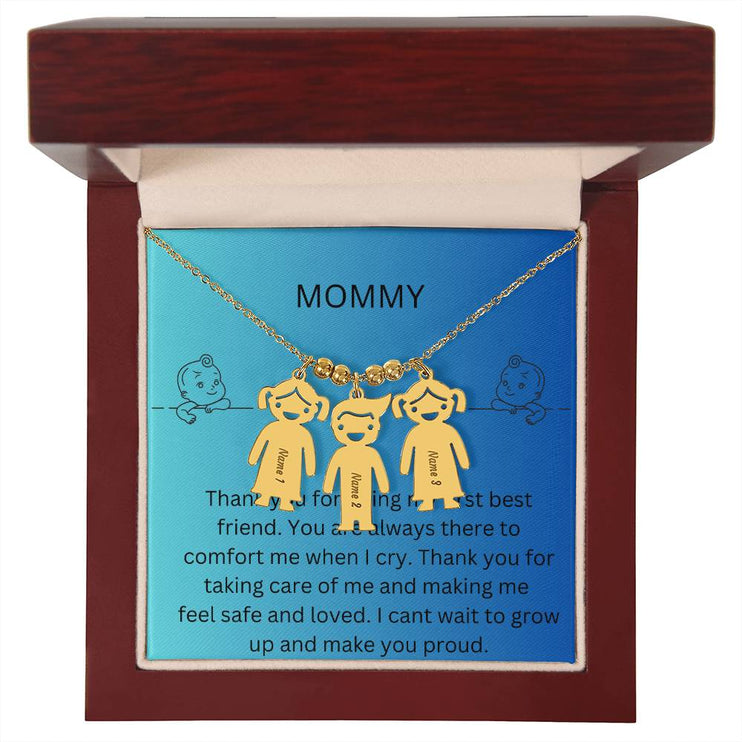 Kid Charm Necklace with Message Card from The Kids to Mom in Mahogany Box Yellow Gold 