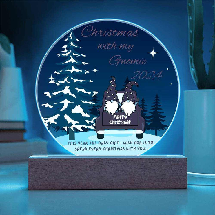 acrylic circle plaque with blue bulb and cord base