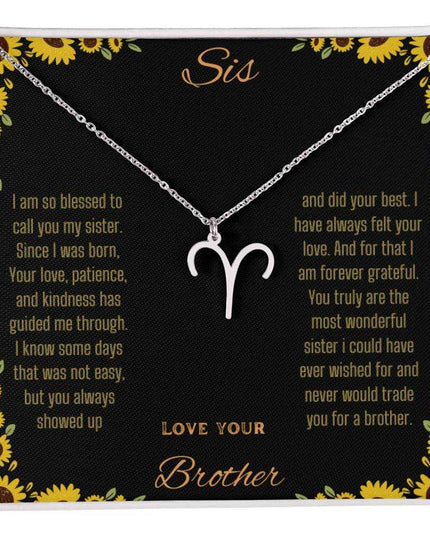 Zodiac Symbol Necklace with a polished stainless-steel Aries charm on a to sis from brother greeting card inside a two-tone box
