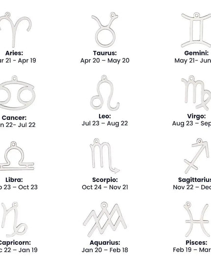 Zodiac Symbol Necklace with white gold charm on a display board