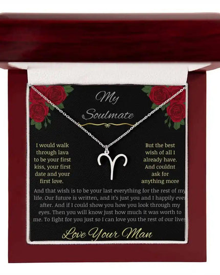 Zodiac Symbol Necklace with white gold charm in a mahogany box charm 1