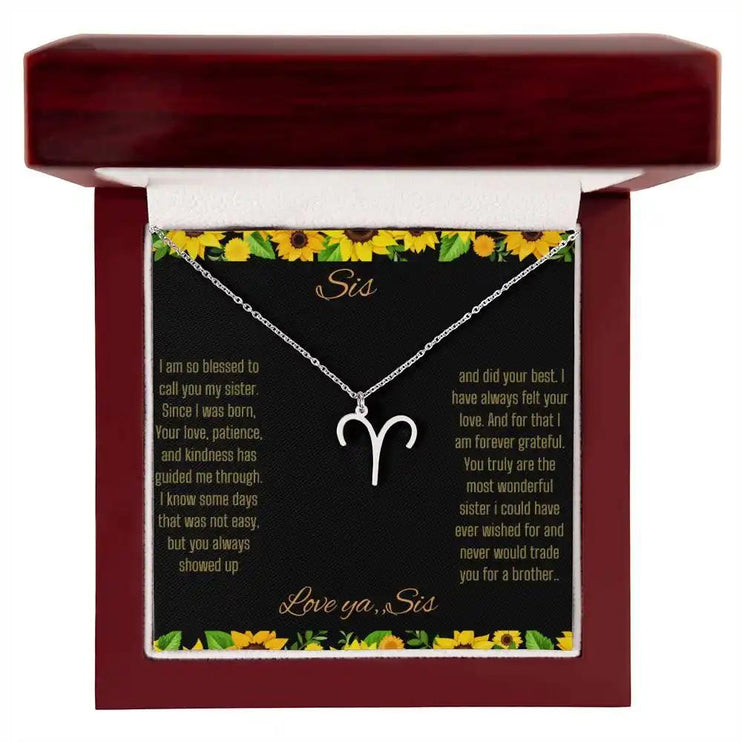   Zodiac Symbol necklace with a polished stainless-steel Aries charm with a to Sis from Sis greeting card in a mahogany box