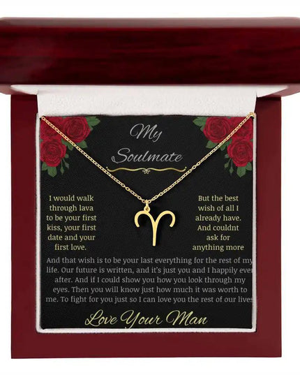 Zodiac Symbol Necklace with yellow gold charm in a mahogany box charm 1