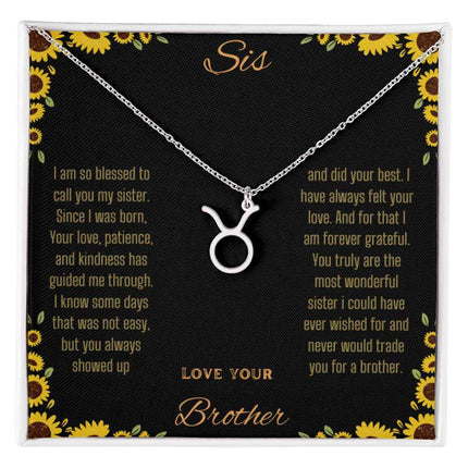 Zodiac Symbol Necklace with a polished stainless-steel Taurus charm on a to sis from brother greeting card inside a two-tone box