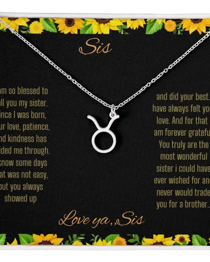 Zodiac Symbol Necklace with a polished stainless-steel Gemini charm on a to sis from sis greeting card inside a two-tone box