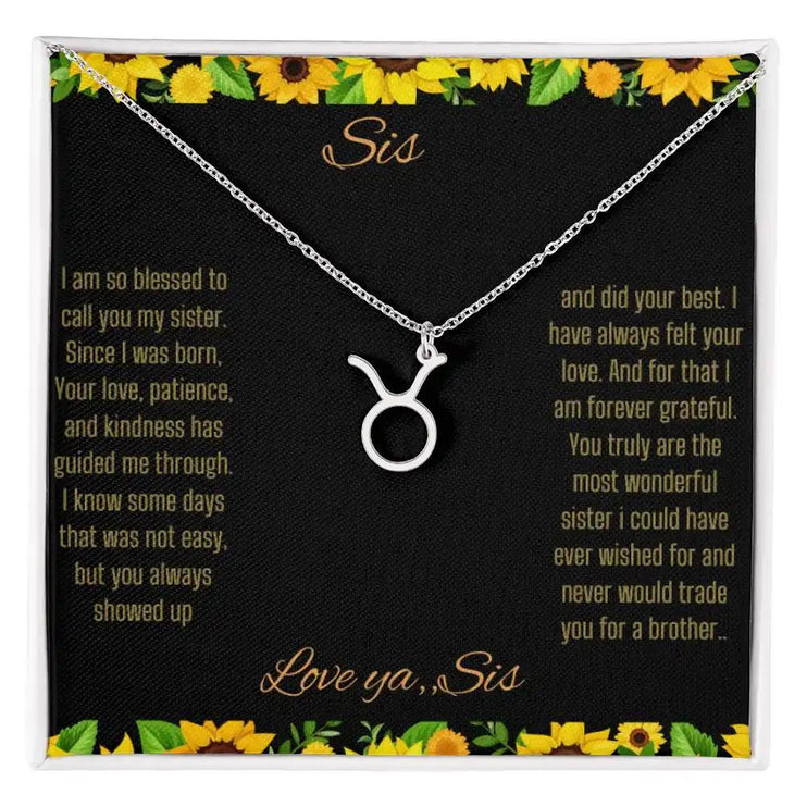 Zodiac Symbol Necklace with a polished stainless-steel Gemini charm on a to sis from sis greeting card inside a two-tone box