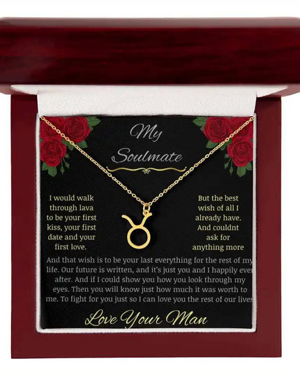 Zodiac Symbol Necklace with yellow gold charm in a mahogany box charm 2