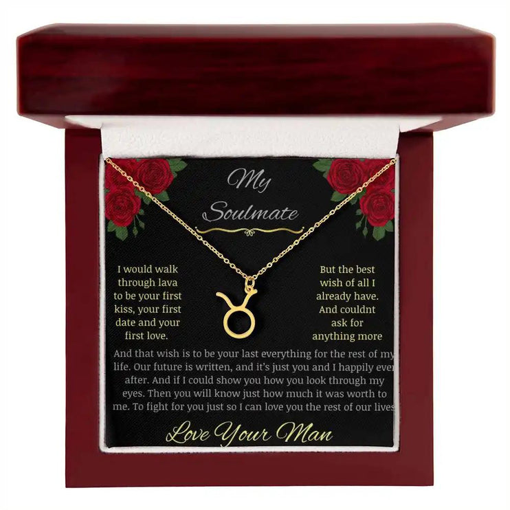 Zodiac Symbol Necklace with yellow gold charm in a mahogany box charm 2