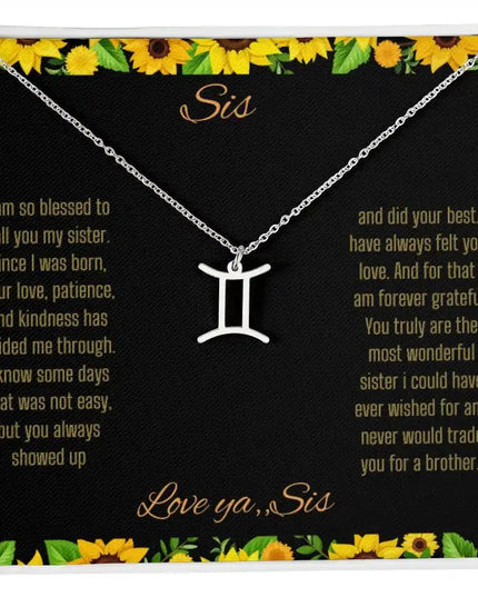 Zodiac Symbol Necklace with a polished stainless-steel Gemini charm on a to sis from sis greeting card inside a two-tone box