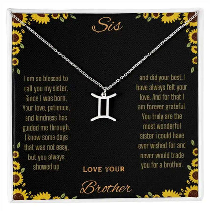 Zodiac Symbol Necklace with a polished stainless-steel Gemini charm on a to sis from brother greeting card inside a two-tone box